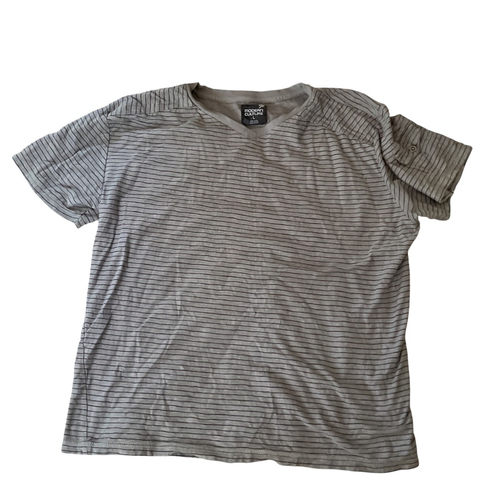 Modern Culture Mens Gray Striped V-Neck T-Shirt Large Short Sleeve Cotton 1437
